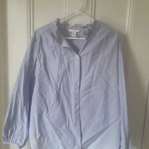 H & M striped oxford ruffle collar blouse L blue and white new with tags